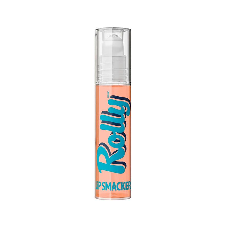 Brillo labial hidratante sabor durazno Lip Smacker, envase cilíndrico transparente con líquido naranja y letras azules