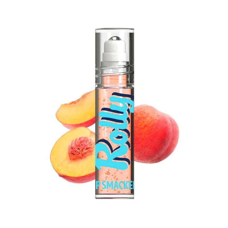 Brillo labial hidratante sabor durazno Lip Smacker, tubo transparente con producto naranja y fondo de duraznos frescos