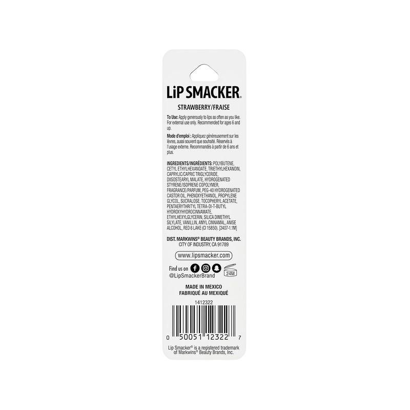 Brillo labial hidratante sabor fresa Lip Smacker, parte posterior del empaque con lista de ingredientes y código de barras