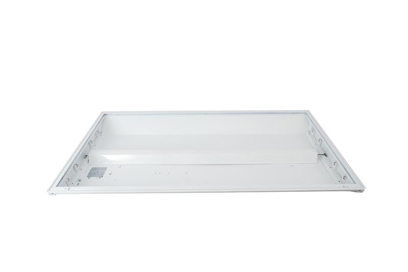 Luminaria para tubo LED troffer GLS de 2x4 4T 48W, vista posterior de la estructura metálica blanca y soportes
