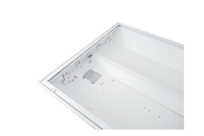 Luminaria para tubo LED troffer GLS de 2x4 4T 48W, vista interna del chasis blanco y soportes de fijación