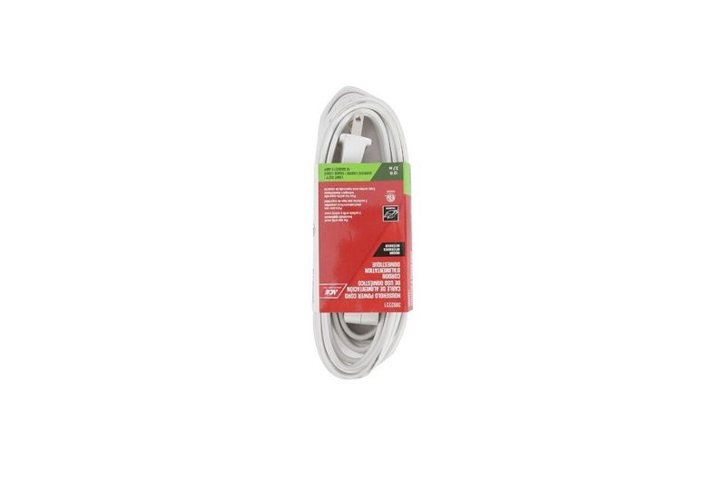 Extensión eléctrica 16/2 13A 125V 12 pies blanca Ace, enrollada con su etiqueta roja y blanca de empaque