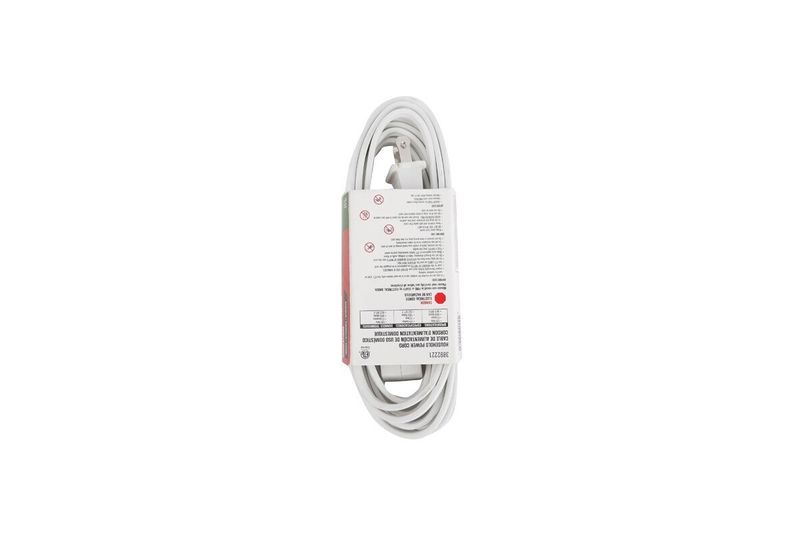 Extensión eléctrica 16/2 13A 125V 12 pies blanca Ace, cable enrollado con etiqueta de advertencias y especificaciones