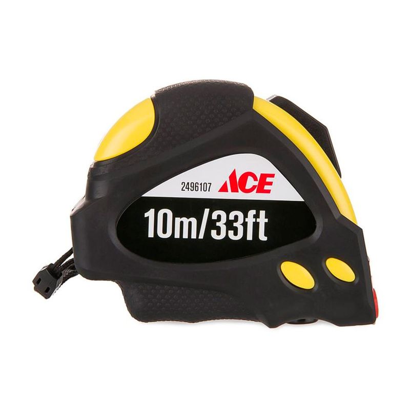 Cinta métrica Power Loox 1 pulgada x 10 metros Ace, vista lateral de la carcasa negra con detalles amarillos
