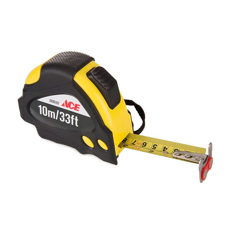 Cinta métrica Power Loox 1 pulgada x 10 metros Ace, vista lateral con la cinta desplegada y el gancho metálico