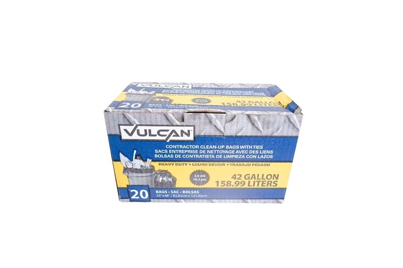 Bolsas plásticas para basura 42 galones 20 piezas Vulcan, vista frontal de la caja con texto y capacidad en litros