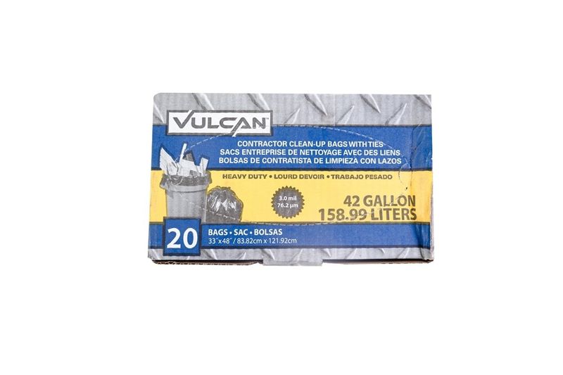 Bolsas plásticas para basura 42 galones 20 piezas Mintcraft Vulcan, empaque frontal con detalles de capacidad y medidas