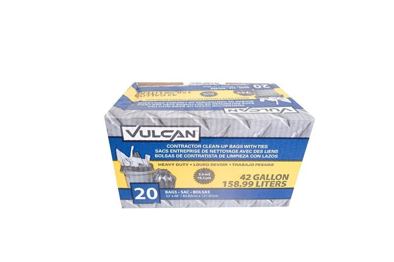 Bolsas plásticas para basura 42 galones 20 piezas Mintcraft Vulcan, empaque hexagonal con detalles en azul y amarillo