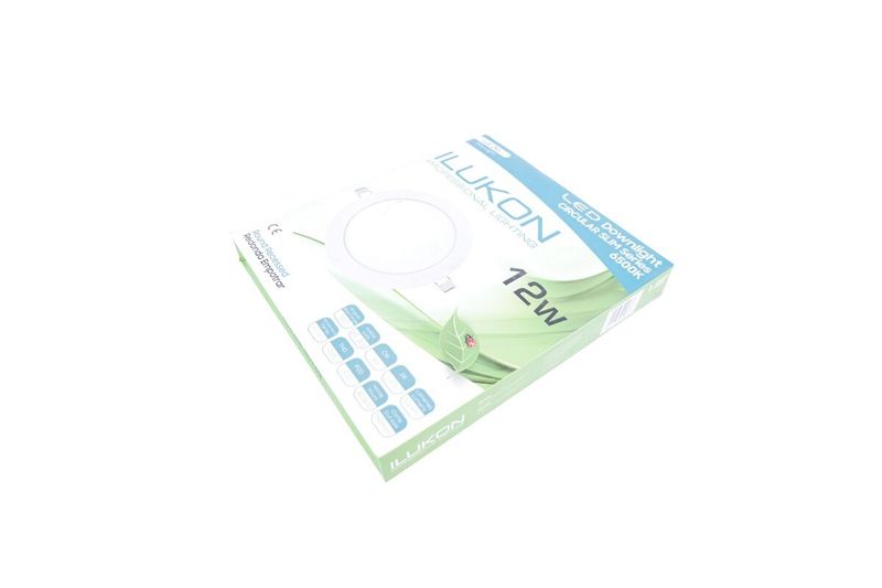 Luminaria empot LED R 6 12 W 600 lm 6500 K 100-253 V Ilukon, caja de cartón blanca y verde con ilustración del producto