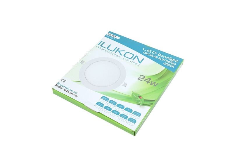 Luminaria empot LED R 11 24 W 1440 lm 6500 K 100/253 V Ilukon, vista del producto en su empaque blanco y verde