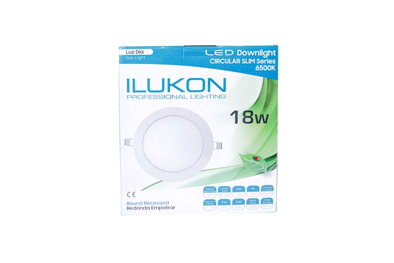 Luminaria empotr LED R 8 18W 1080lm 6500K 100-253V Ilukon, en su empaque de cartón blanco con detalles en azul y verde