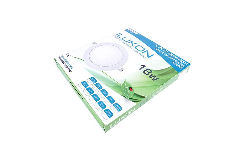 Luminaria empotr LED R 8 18W 1080LM 6500K 100-253V Ilukon, vista en perspectiva de su empaque blanco y azul