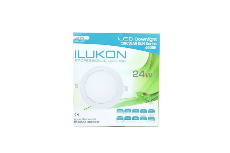 Luminaria empot LED R 11 24 W 1440 lm 6500 K 100/253 V Ilukon, caja de cartón blanca y verde con ilustración del producto