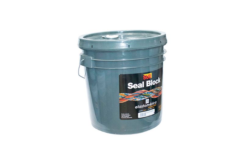 Base elastomérico Seal Block transparente Sur, cubo plástico gris con asa metálica y etiqueta frontal