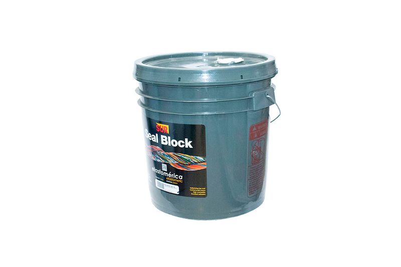 Base elastomérico Seal Block transparente Sur, cubeta plástica gris con asa metálica y etiqueta frontal