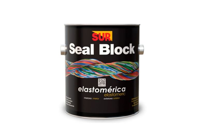 Base elastomérico Seal Block transparente Sur, envase metálico cilíndrico con etiqueta negra y gráfico de fibras coloridas