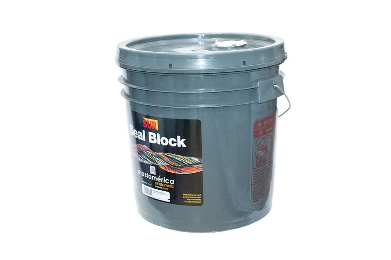 Base elastomérico Seal Block pastel Sur, vista lateral de la cubeta plástica gris con etiqueta frontal
