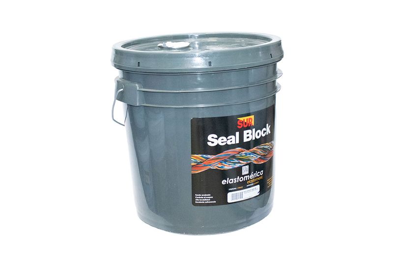 Base elastomérico Seal Block pastel Sur, cubeta plástica gris con etiqueta frontal y asa metálica