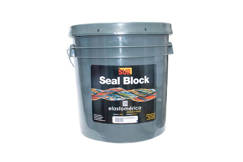 Base elastomérico Seal Block pastel Sur, cubeta gris con etiqueta frontal y asa metálica