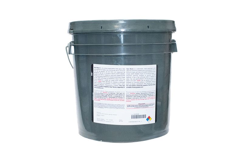 Base elastomérico Seal Block pastel Sur, vista trasera de la cubeta gris con etiqueta de instrucciones y advertencias