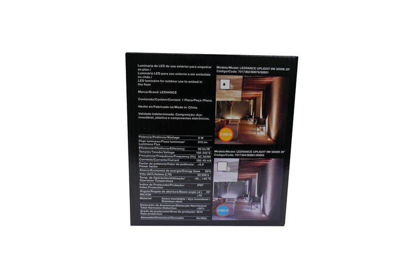 Lámpara de empotrar de piso uplight 9 W 20° 900 lum 3000K Ledvance, parte posterior de la caja con tabla de especificaciones