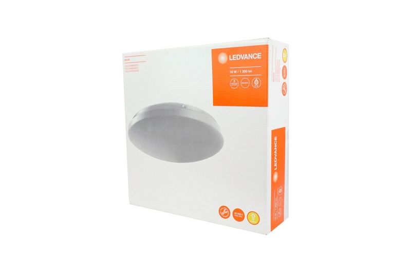 Lámpara de techo Moon 12L830 16 W 1200 lúmenes Ledvance, empaque blanco con detalles naranjas e ilustración del producto
