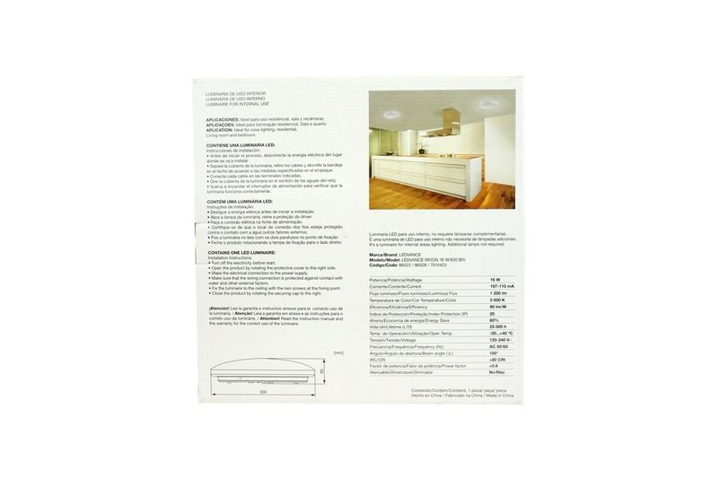 Lámpara de techo Moon 12L830 16 W 1200 lúmenes Ledvance, manual de instrucciones y tabla de especificaciones técnicas