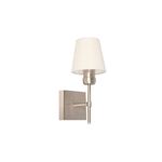 Lámpara de pared níquel satinado 1L E27 40W Ikelite, primer plano del aplique con pantalla blanca cónica