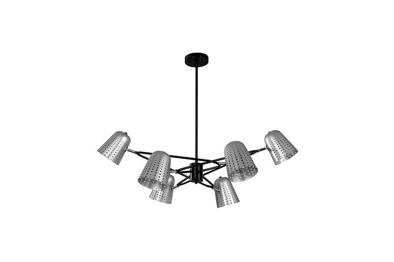 Lámpara colgante negro y bronce satinado 6L E27 40W Sinsa, vista inferior de las pantallas perforadas y estructura negra