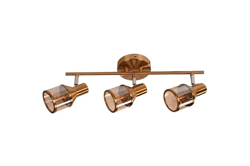 Lámpara de techo reflectora bronce satinado 3L E14 40W Sinsa, vista frontal de los tres focos con pantallas de vidrio