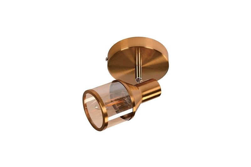 Lámpara de techo reflectora bronce satinado 1L E14 40W Sinsa, vista en ángulo con difusor de vidrio transparente