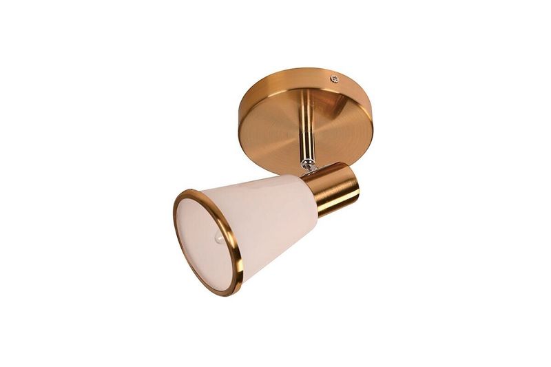 Lámpara de techo reflectora bronce satinado 1L E14 40W Sinsa, detalle del soporte circular y pantalla cónica blanca