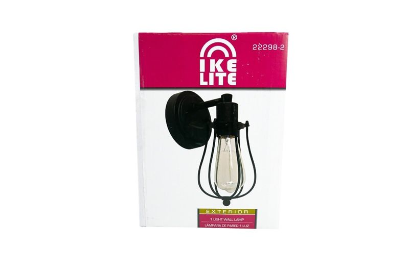 Lámpara exterior de pared negro 1 luz E27 40 W Ikelite, producto fuera de su caja blanca con logo rosa y rojo