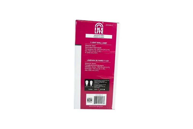 Lámpara exterior de pared negro 1 luz E27 40 W Ikelite, empaque con especificaciones técnicas y código de barras