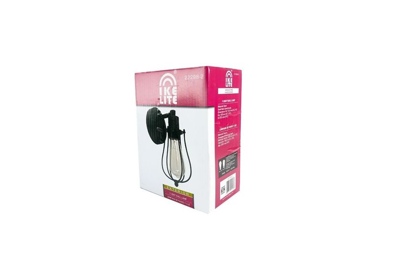 Lámpara exterior de pared negro 1 luz E27 40 W Ikelite, en su caja blanca y rosa con ilustración del producto