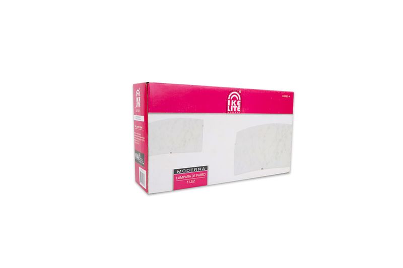 Lámpara plafón pared níquel satinado 1 luz E27 60 W Ikelite, en su empaque de cartón blanco con detalles en color rosa