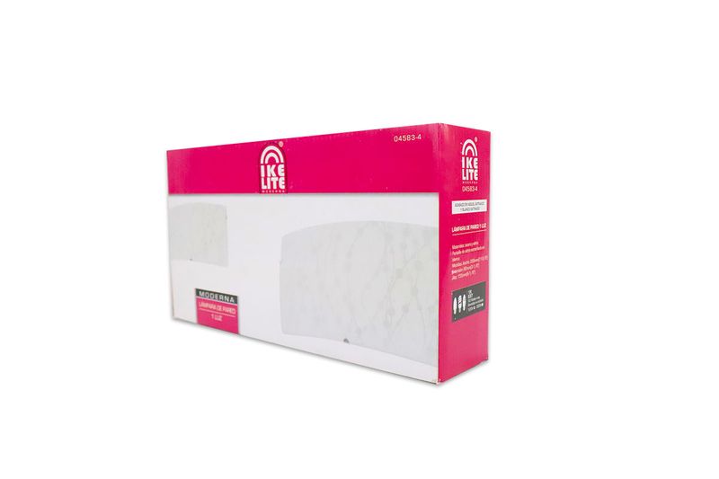 Lámpara plafón pared níquel satinado 1 luz E27 60 W Ikelite, en su empaque de cartón blanco y fucsia con ilustración