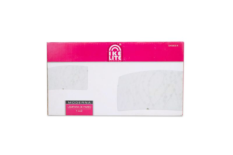 Lámpara plafón pared níquel satinado 1 luz E27 60 W Ikelite, empaque de cartón blanco con franja rosa y logotipo