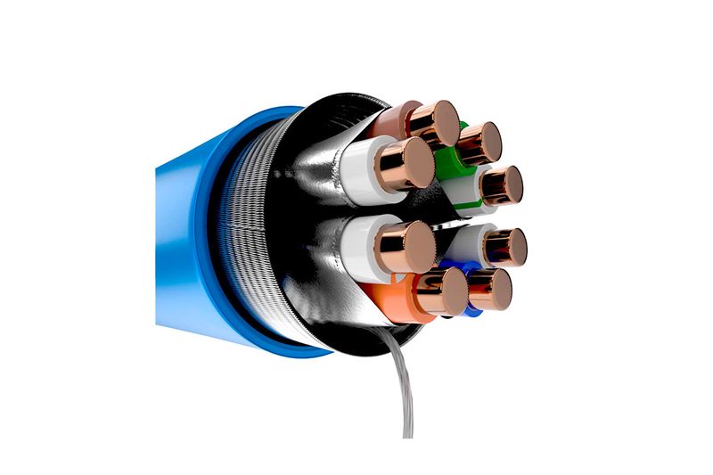 Cable UTP 4 pares LSZH Cat6A gel azul Nexxt, corte transversal detallando los hilos de cobre y el aislamiento interno