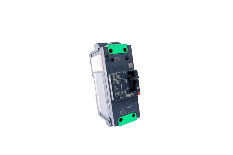 Interruptor marco B 2x60 A 18 kA 600 Y/347 V Square D, vista lateral donde se aprecia la etiqueta técnica y el logo PowerPact