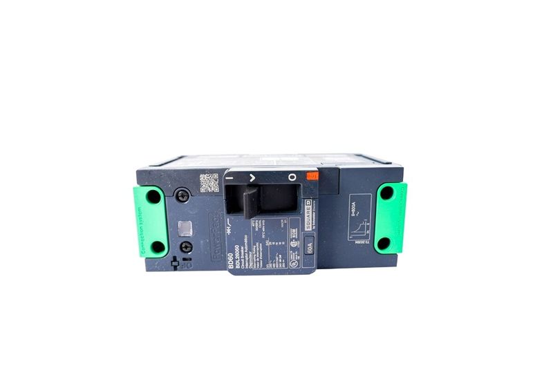 Interruptor marco B 2x60 A 18 kA 600 Y/347 Square D, vista frontal con palanca de accionamiento y terminales verdes