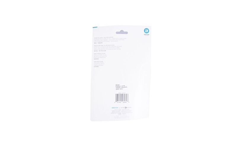 Set de ganchos de succión blanco iDesign, vista posterior del empaque con instrucciones y código de barras