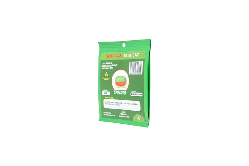 Semillas de sandía El Eficaz de 2 gr, vista posterior del sobre verde con instrucciones de uso y código de barras