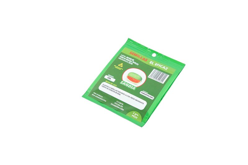Semillas de sandía El Eficaz de 2 gr, sobre verde con ilustración de la fruta y detalles de modo de uso