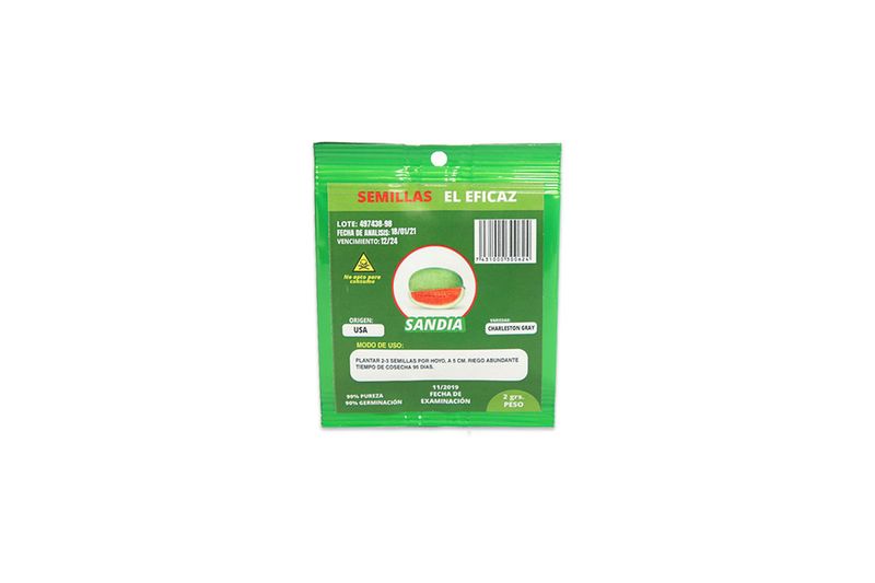 Semillas de sandía El Eficaz de 2 gr, parte posterior del empaque con instrucciones de uso y fecha de vencimiento