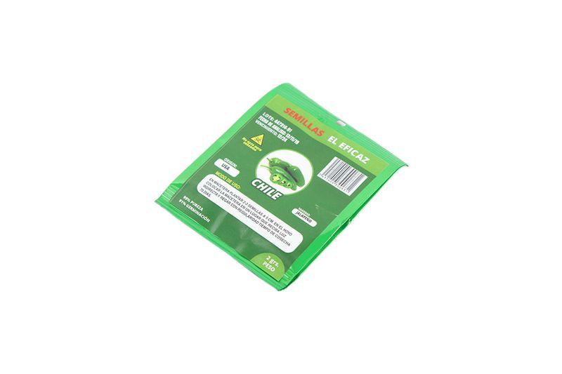 Semillas de chile El Eficaz de 2 gr, vista trasera del sobre verde con instrucciones de uso y código de barras
