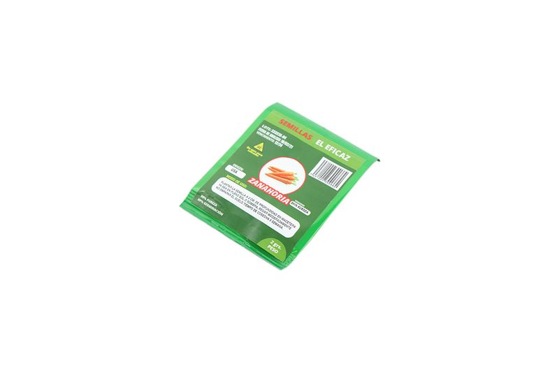 Semillas de zanahoria El Eficaz de 2 gr, sobre verde visto desde un ángulo superior con instrucciones de uso