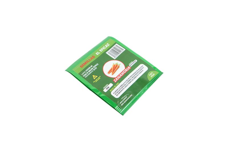 Semillas de zanahoria El Eficaz de 2 gr, parte posterior del sobre verde con instrucciones de uso y código de barras
