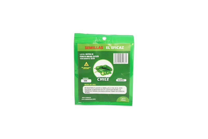 Semillas de chile El Eficaz de 2 gr, empaque frontal verde con ilustración de chiles jalapeños y modo de uso