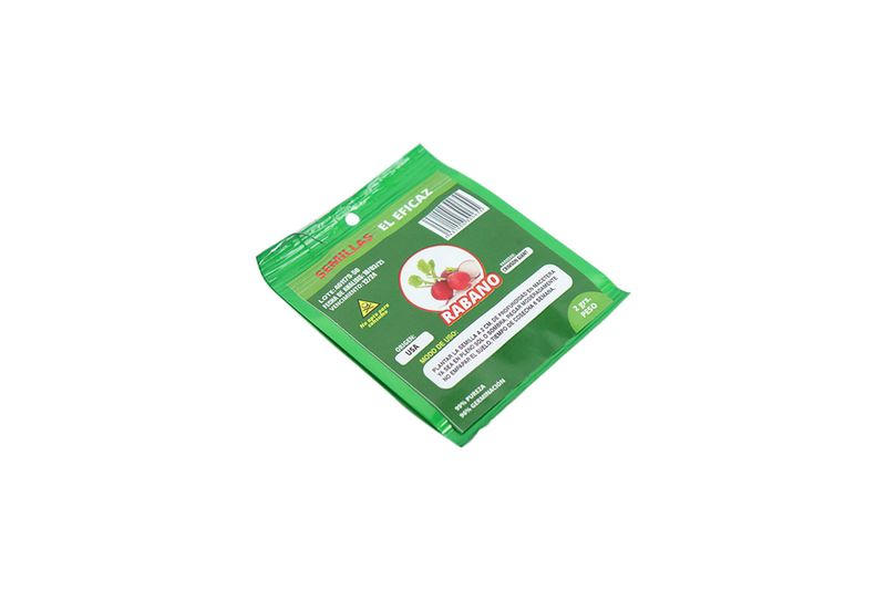 Semillas de rábano El Eficaz de 2 gr, reverso del sobre verde con instrucciones de modo de uso y datos de lote
